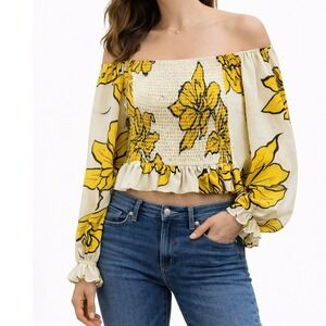 Hutch Anthropologie Floral Crop‎ Top Women Small Smocked Long Sleeve Blouse
